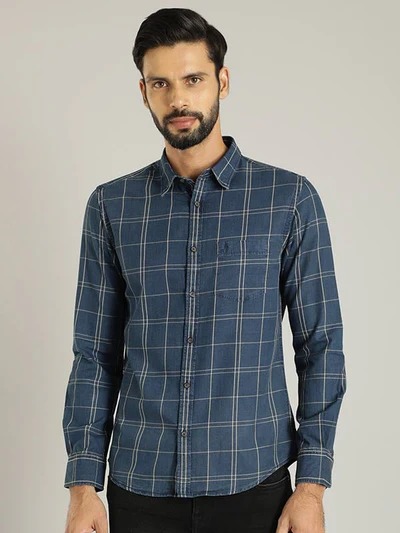 Indian Terrain Men's Slim Fit Full Sleeve Checkered Blue Shirt